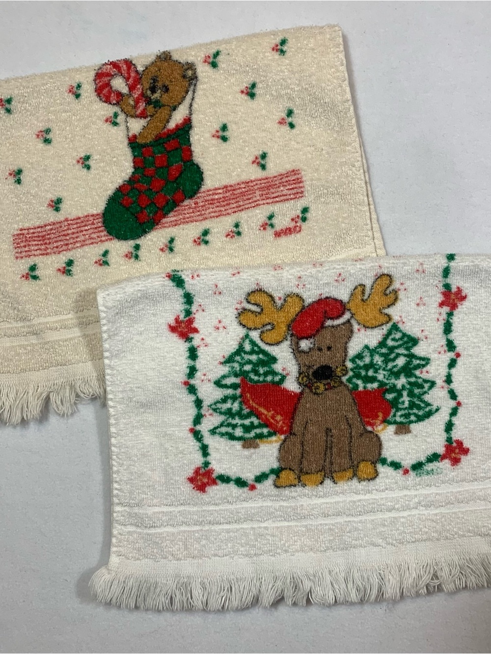 Vintage Christmas Fingertip Hand Towels Fringe Bathroom Bear Reindeer Novelty